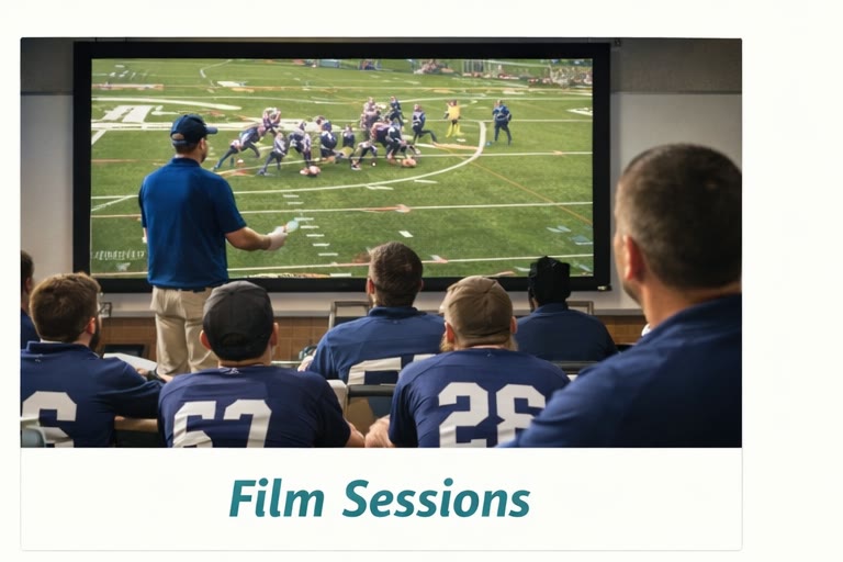 Coach and athletes studying film together